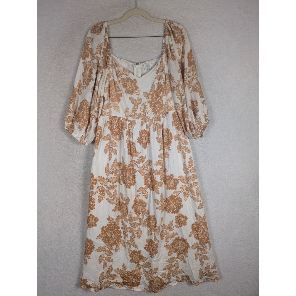 Sugarlips Dress Women's M White Tan Floral Puff Sleeve Smocked Back Midi Zip